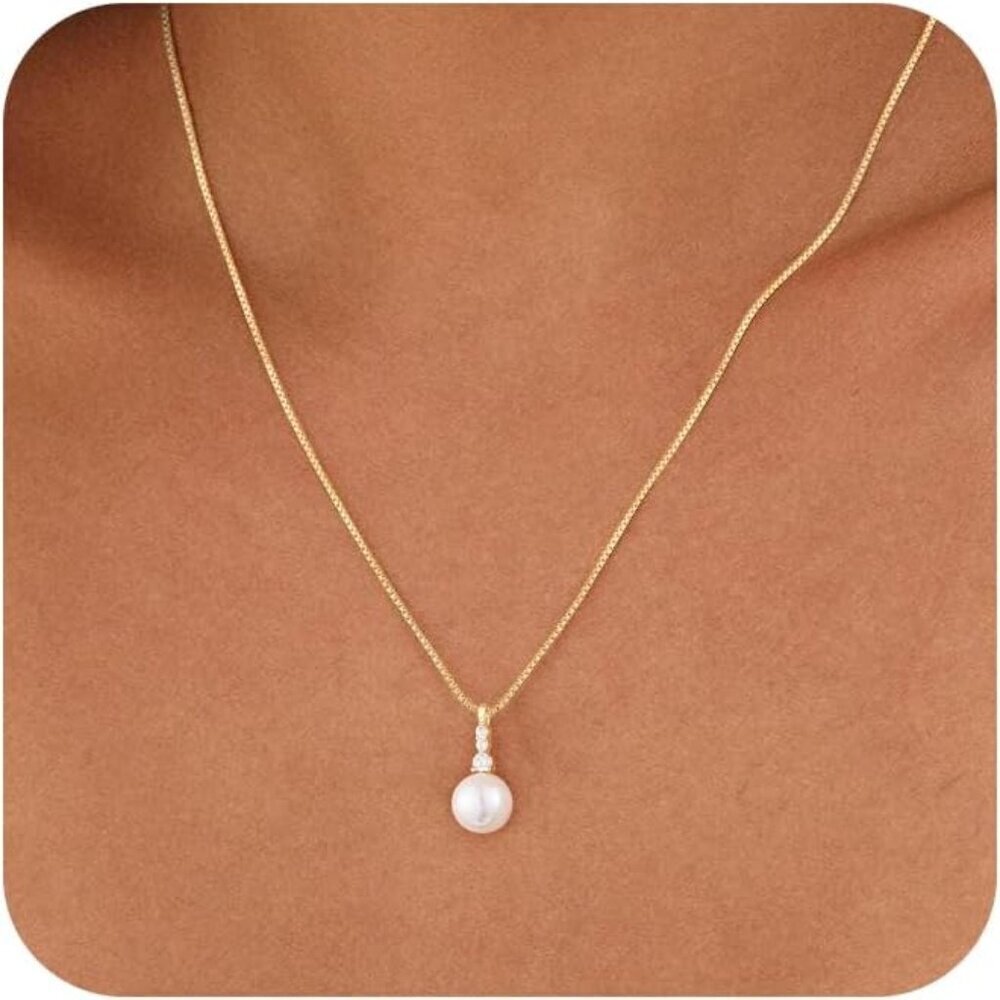 🆕 Women Gold Pearl Pendant Necklace 14K Simple Trendy Sterling Chain Jewelry